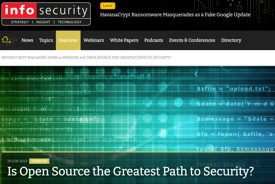Infosecurity magazine graphic banner with article title 'Is open source the greatest path to security written on it